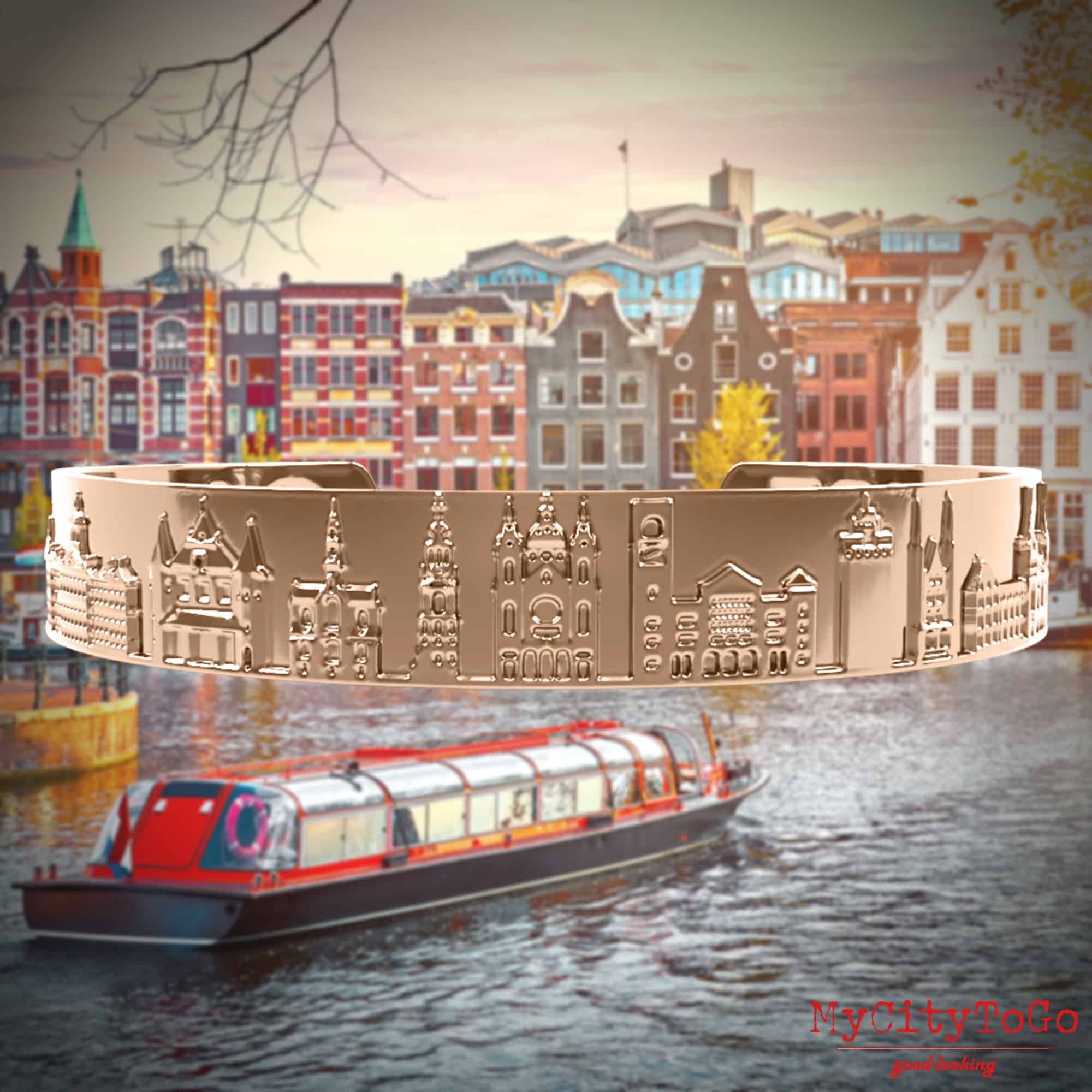 Armreif mit Reliefs bekannter Motive der Stadt Amsterdam in Rotgold