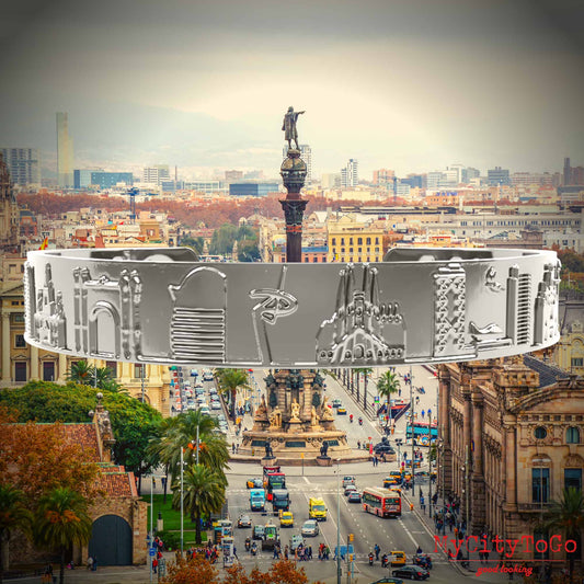 Armreif mit Reliefs bekannter Motive der Stadt Barcelona in Silber hochglanz