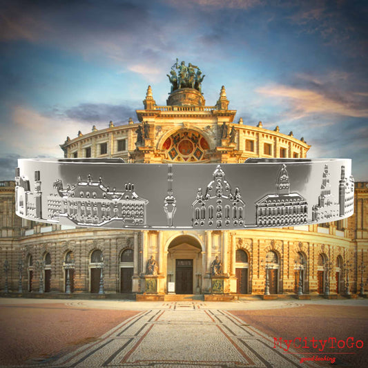 Armreif mit Reliefs bekannter Motive der Stadt Dresden in Silber hochglänzend