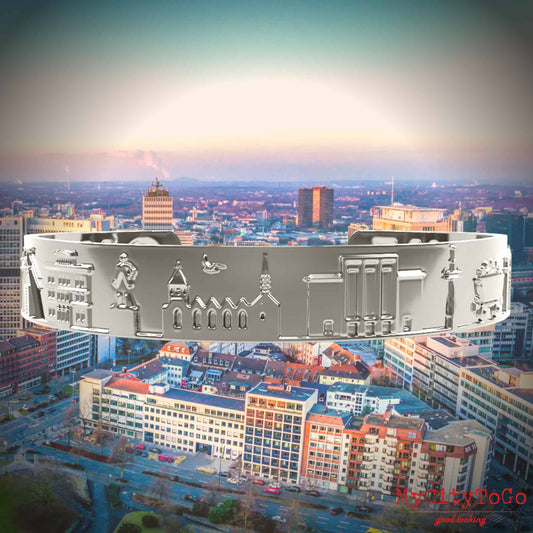 Armreif mit Reliefs bekannter Motive der Stadt Essen in Silber hochglanz