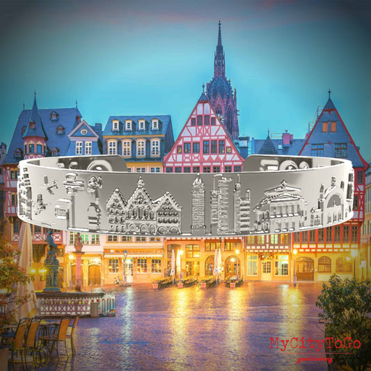 Armreif mit Reliefs bekannter Motive der Stadt Frankfurt in Silber hochglanz