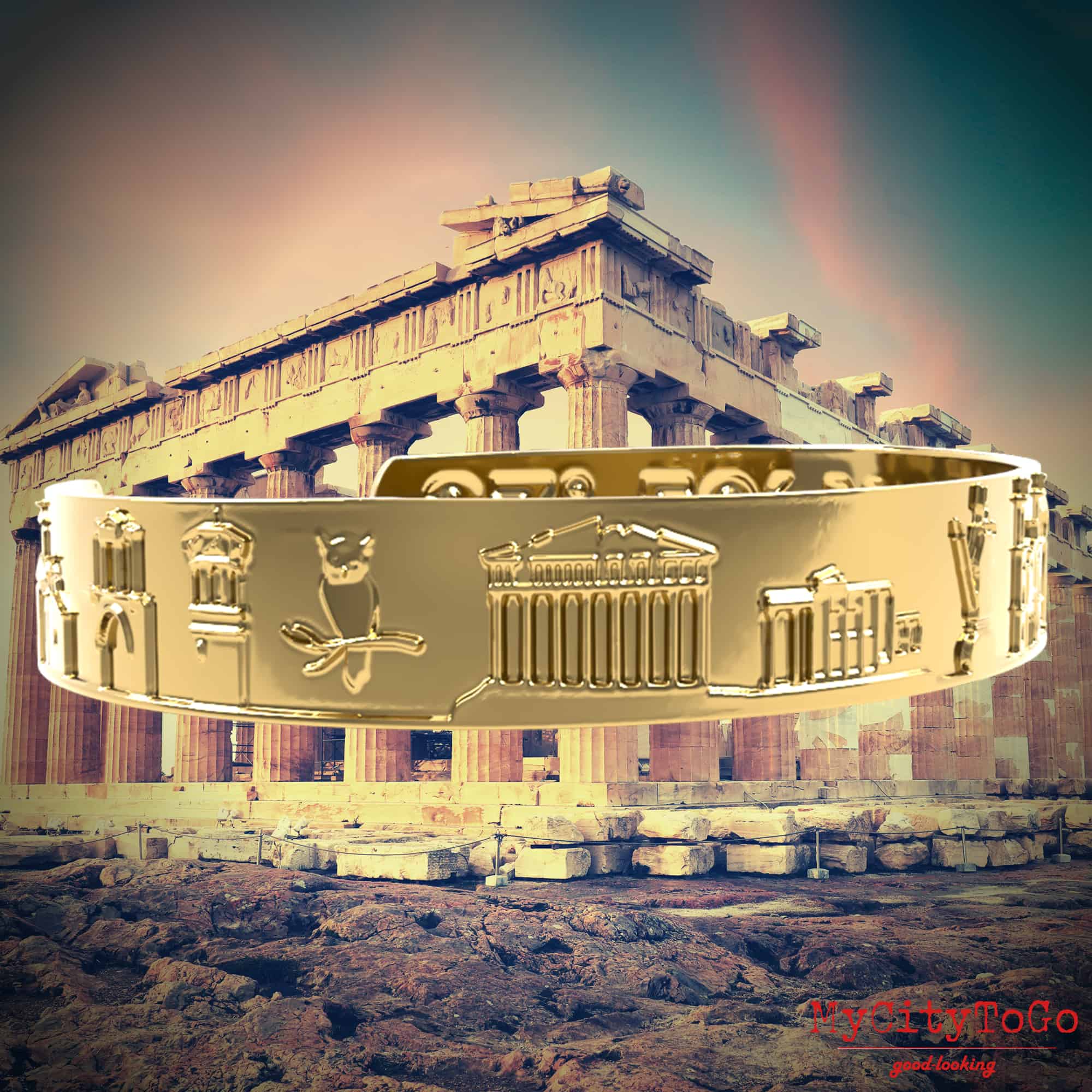 golden bracelet with famous motifs from the city of Athens