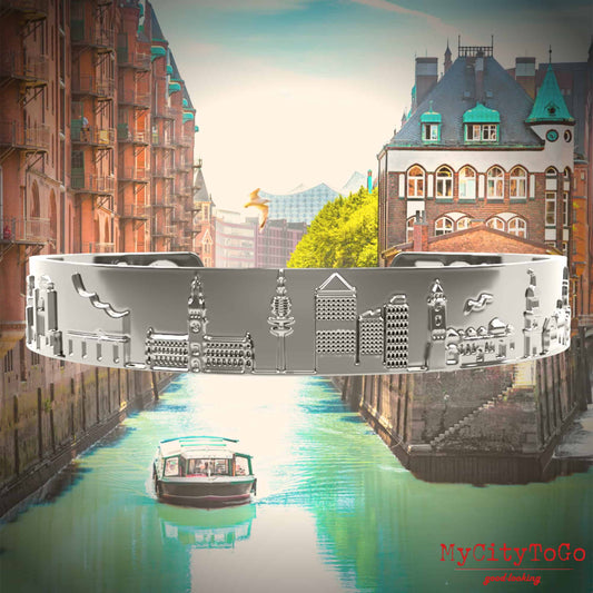 Armreif mit Reliefs bekannter Motive der Stadt Hamburg in Silber hochglanz
