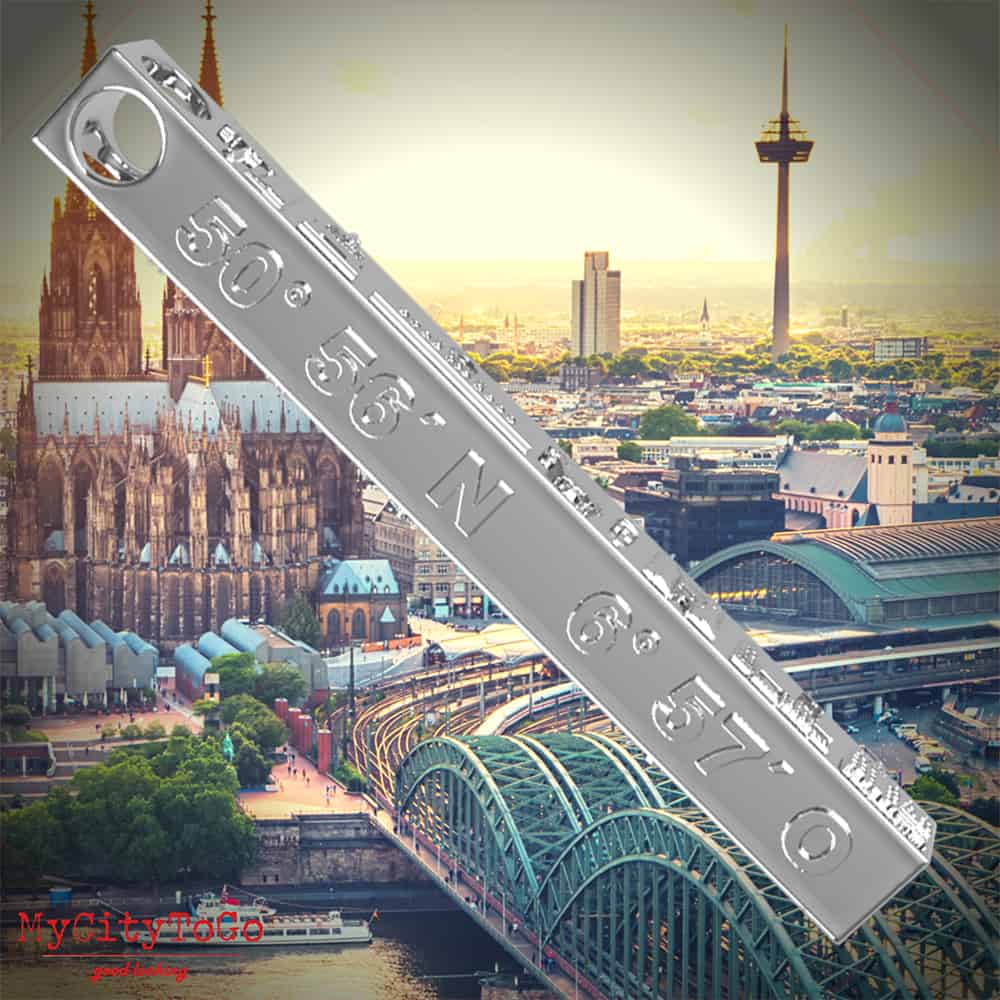 Stabanhänger aus Edelstahl mit Reliefs der Koordinaten und bekannter Motive der Stadt Köln