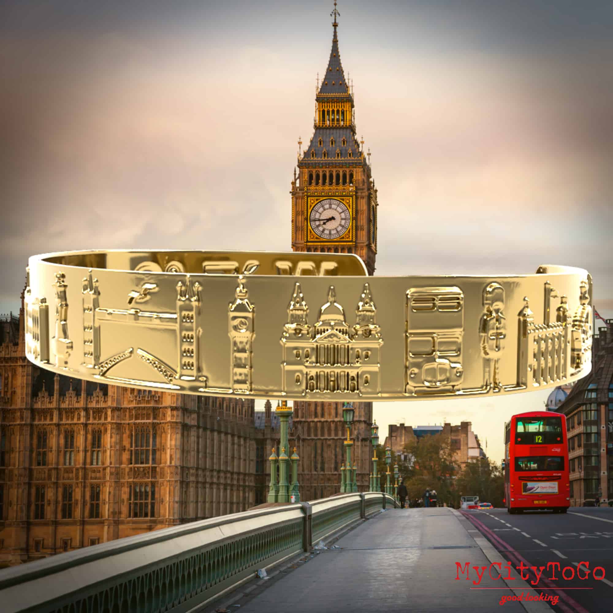 Goldfarbener Armreif mit Reliefs bekannter Motive der Stadt London