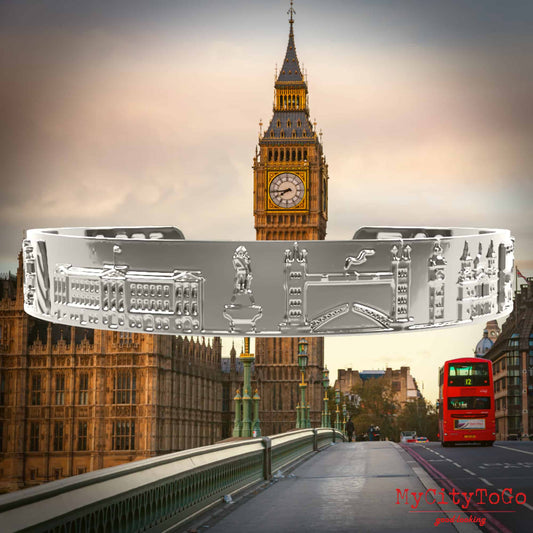 Armreif mit Reliefs bekannter Motive der Stadt London in Silber hochglanz