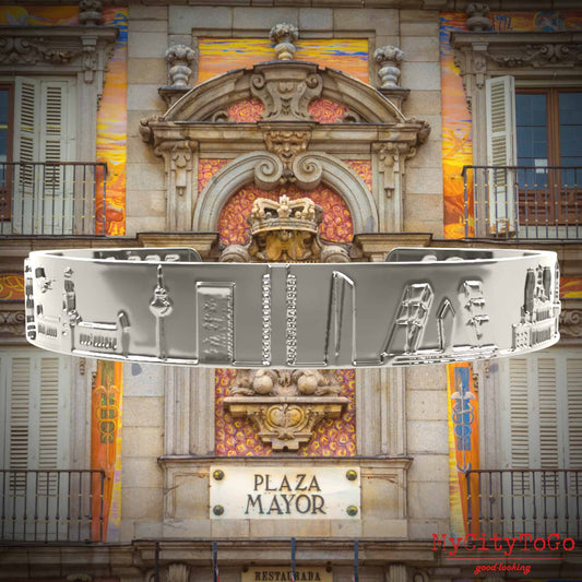 Armreif mit Reliefs bekannter Motive der Stadt Madrid in Silber hochglanz