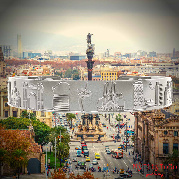 Armreif mit Reliefs bekannter Motive der Stadt Barcelona in Silber