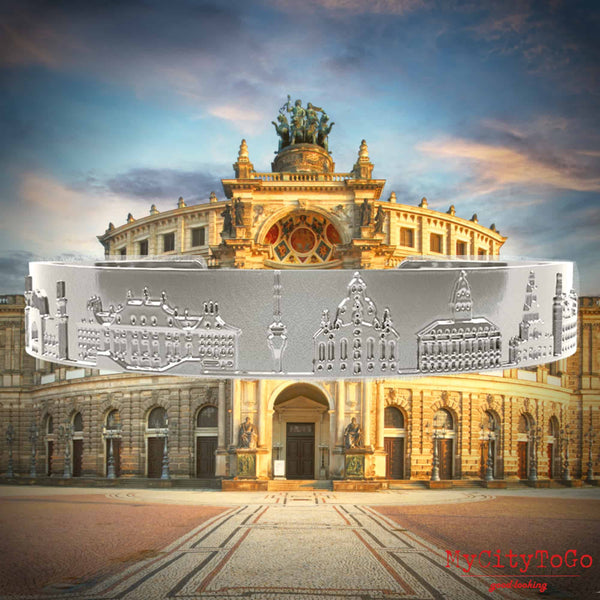 Armreif mit Reliefs bekannter Motive der Stadt Dresden in Silber