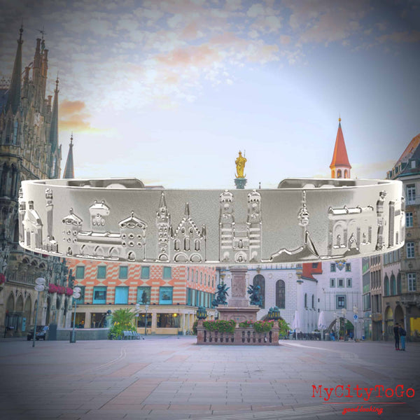 Armreif mit Reliefs bekannter Motive der Stadt München in Silber