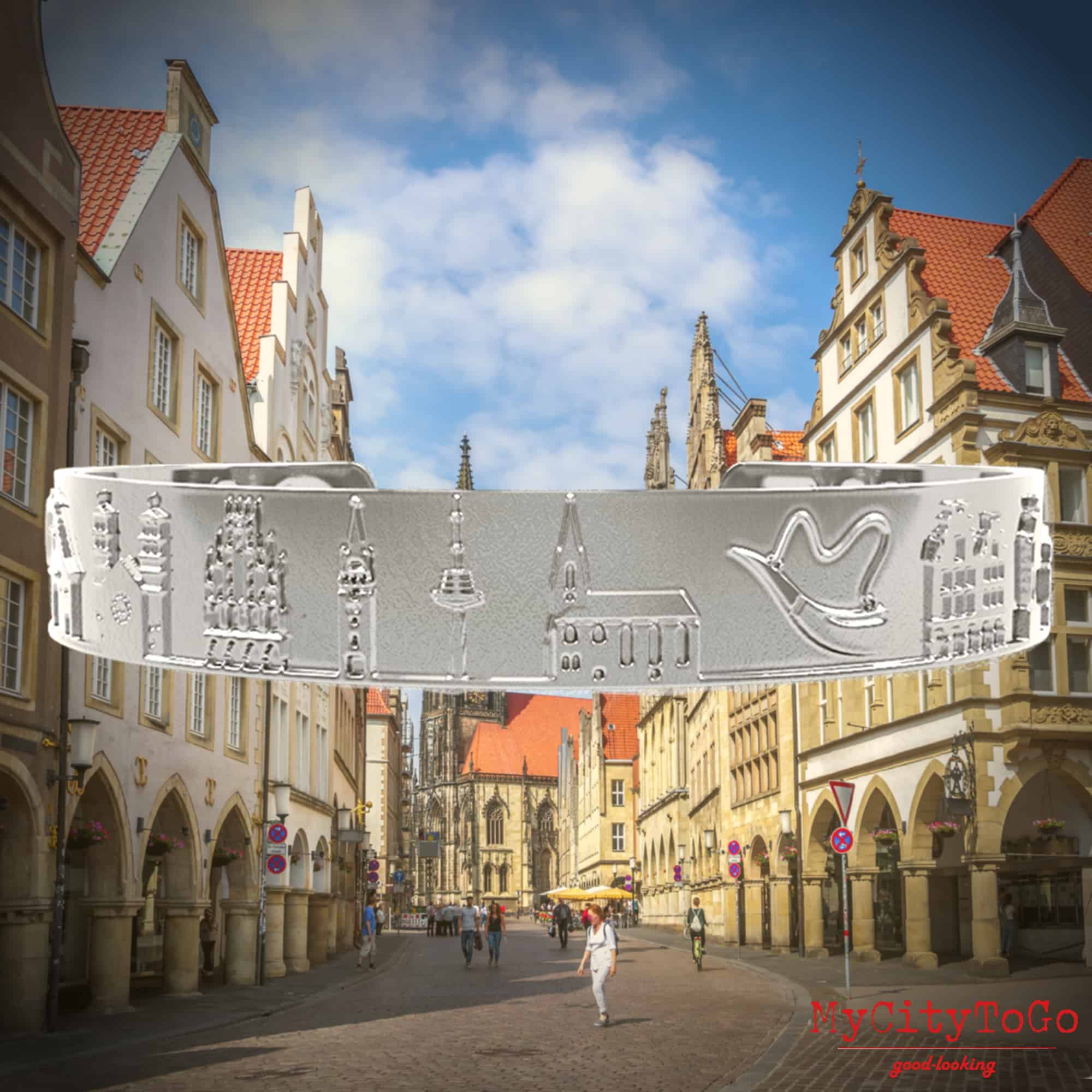 Armreif mit Reliefs bekannter Motive der Stadt Münster in Silber