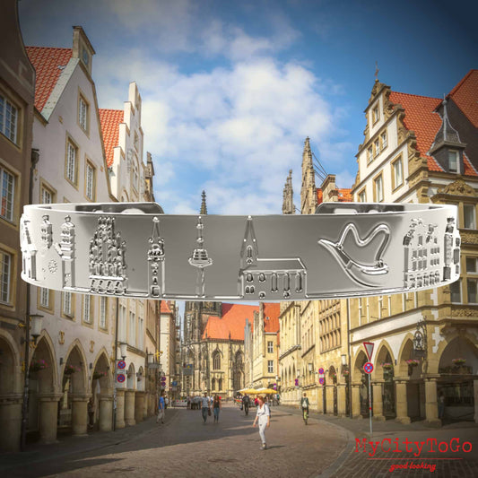 Armreif mit Reliefs bekannter Motive der Stadt Münster in Silber hochglanz