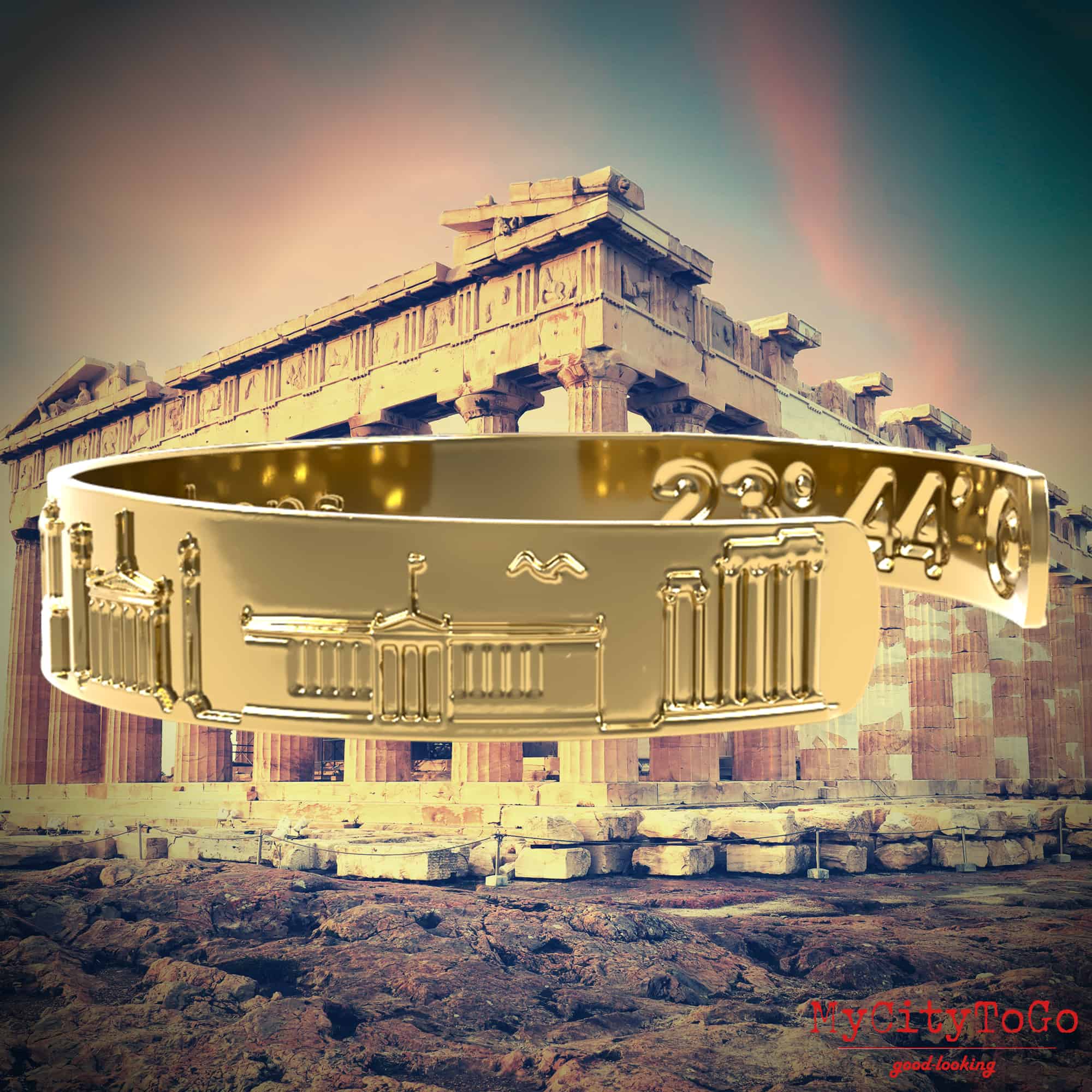 Golden bracelet from MyCityToGo with famous motifs and coordinates from Athens