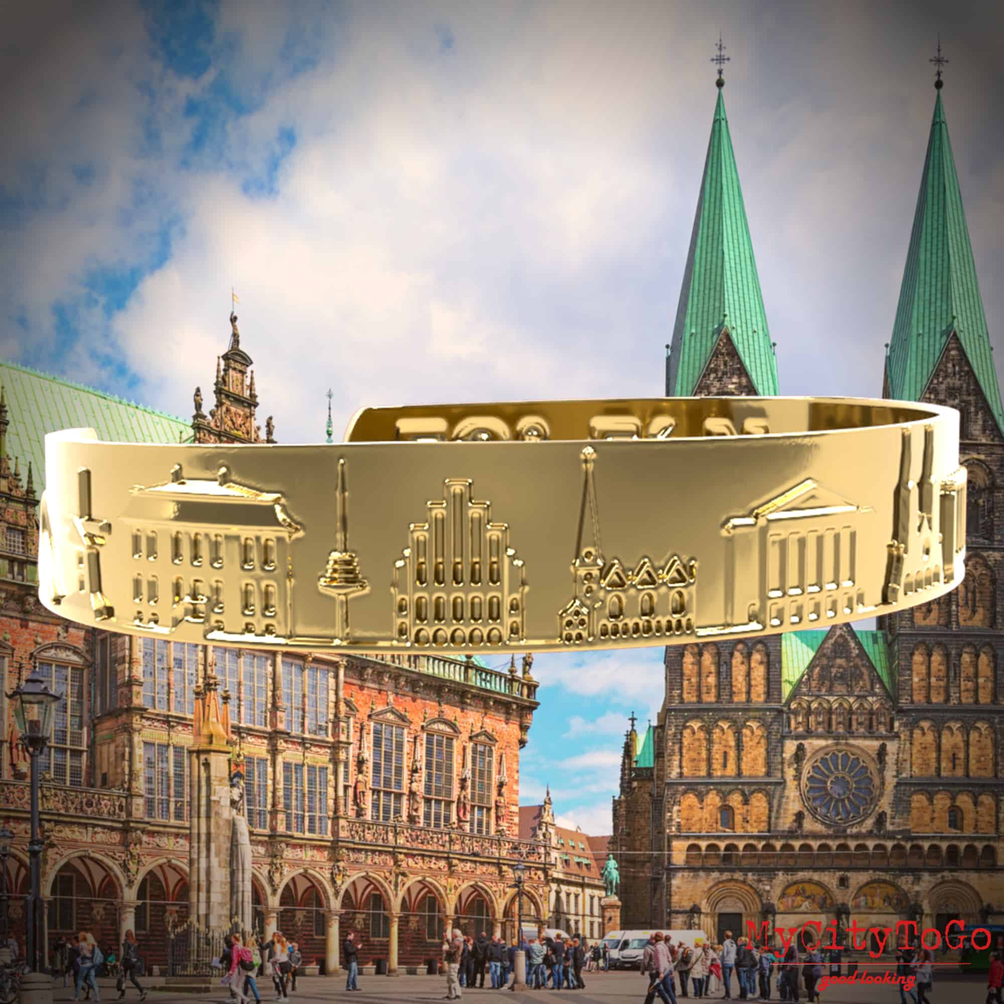 A golden bracelet from MyCityToGo with famous motifs and coordinates of the city of Bremen