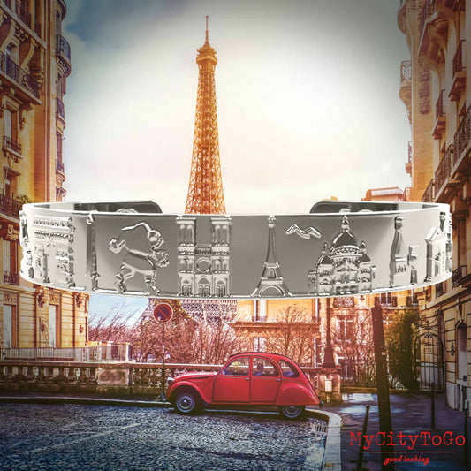 Armreif mit Reliefs bekannter Motive der Stadt Paris in Silber hochglanz