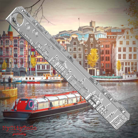 Stabanhänger aus Edelstahl mit Motiven und Koordinaten der Stadt Amsterdam als Relief