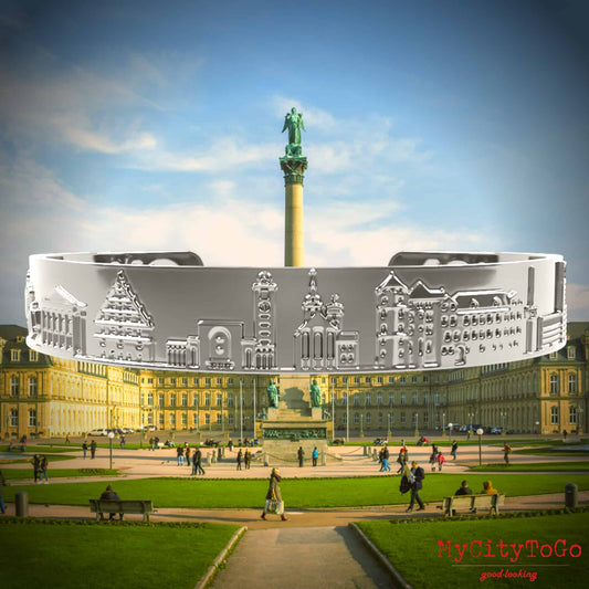 Armreif mit Reliefs bekannter Motive der Stadt Stuttgart in Silber hochglanz
