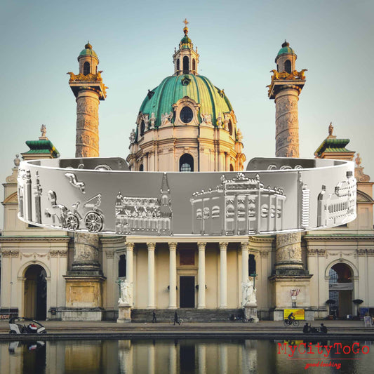 Armreif mit Reliefs bekannter Motive der Stadt Wien in Silber hochglanz