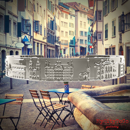 Armreif mit Reliefs bekannter Motive der Stadt Zürich in Silber hochglanz