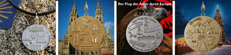 Auswahl von 4 Schmuckanhängern aus verschiedenen Materialien mit Reliefs zu den Themen Frankfurt Europa League, Jakobsweg und Weihnachten