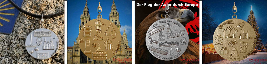 Auswahl von 4 Schmuckanhängern aus verschiedenen Materialien mit Reliefs zu den Themen Frankfurt Europa League, Jakobsweg und Weihnachten