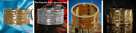 Auswahl von 4 Ringen aus verschiedenen Materialien mit Reliefs zu den Themen Manchester Champions League, Frankfurt Europa League und Jakobsweg