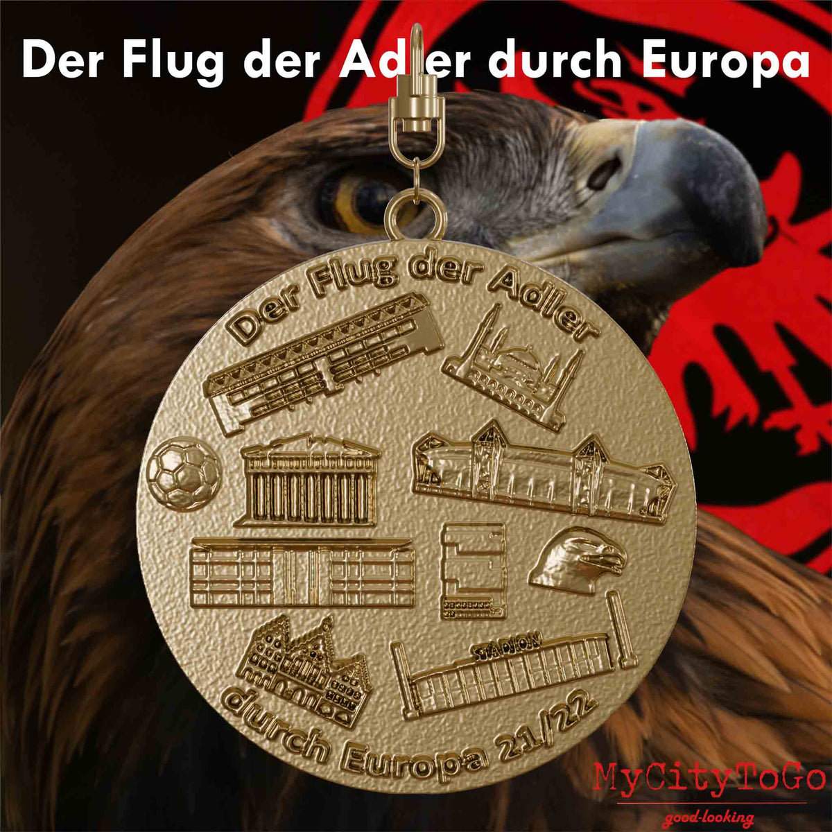 Jewelry pendant made of gold-plated stainless steel with reliefs of stadiums and landmarks of the venues for the group stage of Frankfurt's 2021/22 Europa League season on the back