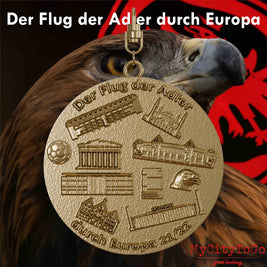 Jewelry pendant made of gold-plated stainless steel with reliefs of stadiums and landmarks of the venues for the group stage of Frankfurt's 2021/22 Europa League season on the back