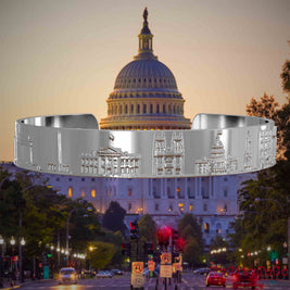 Versilberter Armreif mit Reliefs bekannter Sehenswürdigkeiten der Stadt Washington. Den Hintergrund bildet eine Ansicht der Stadt Washington.
