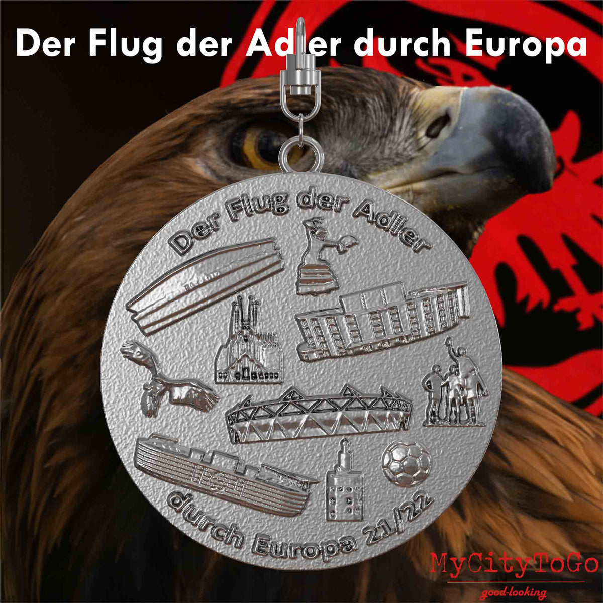 Stainless steel pendant with reliefs of stadiums and landmarks of the host cities of the final round of Frankfurt's 2021/22 Europa League season on the front