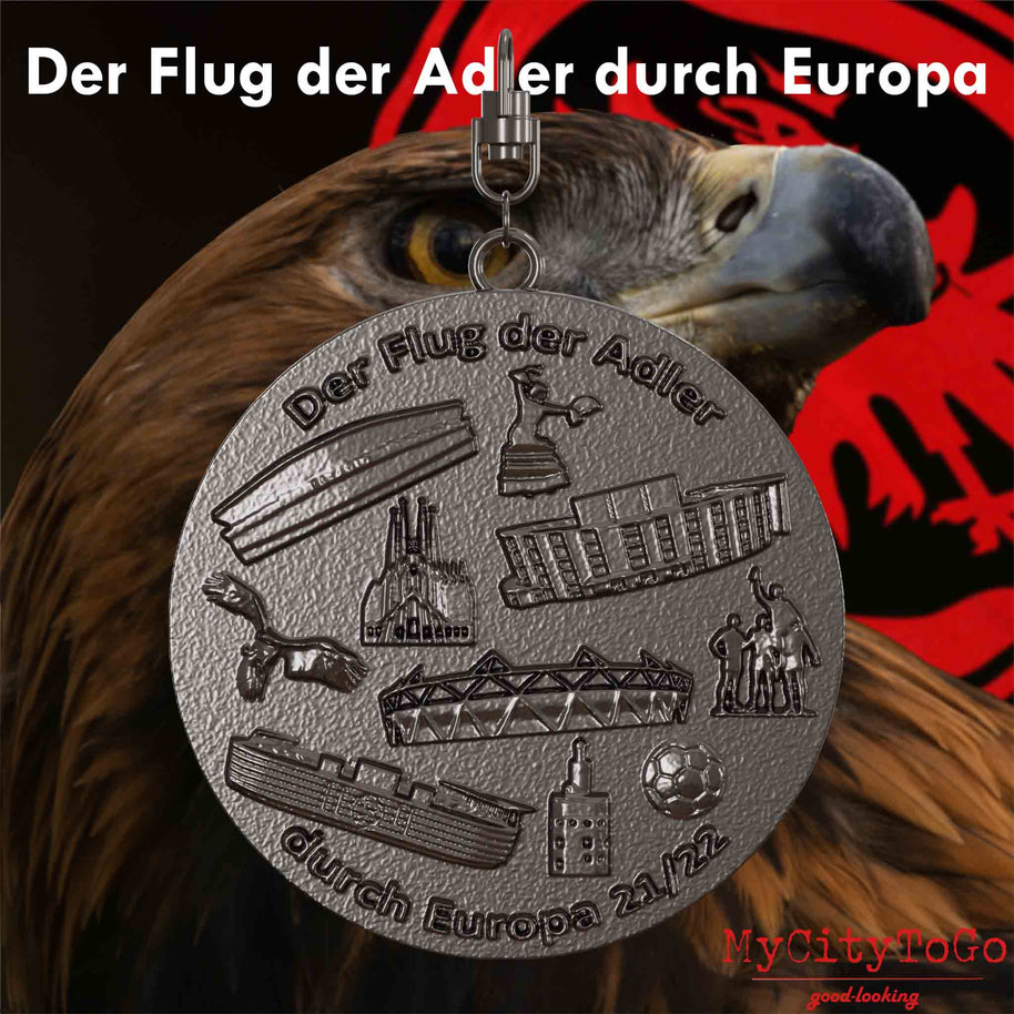 Titanium jewelry pendant with reliefs of stadiums and landmarks of the host cities of the final round of Frankfurt’s 2021/22 Europa League season on the front side