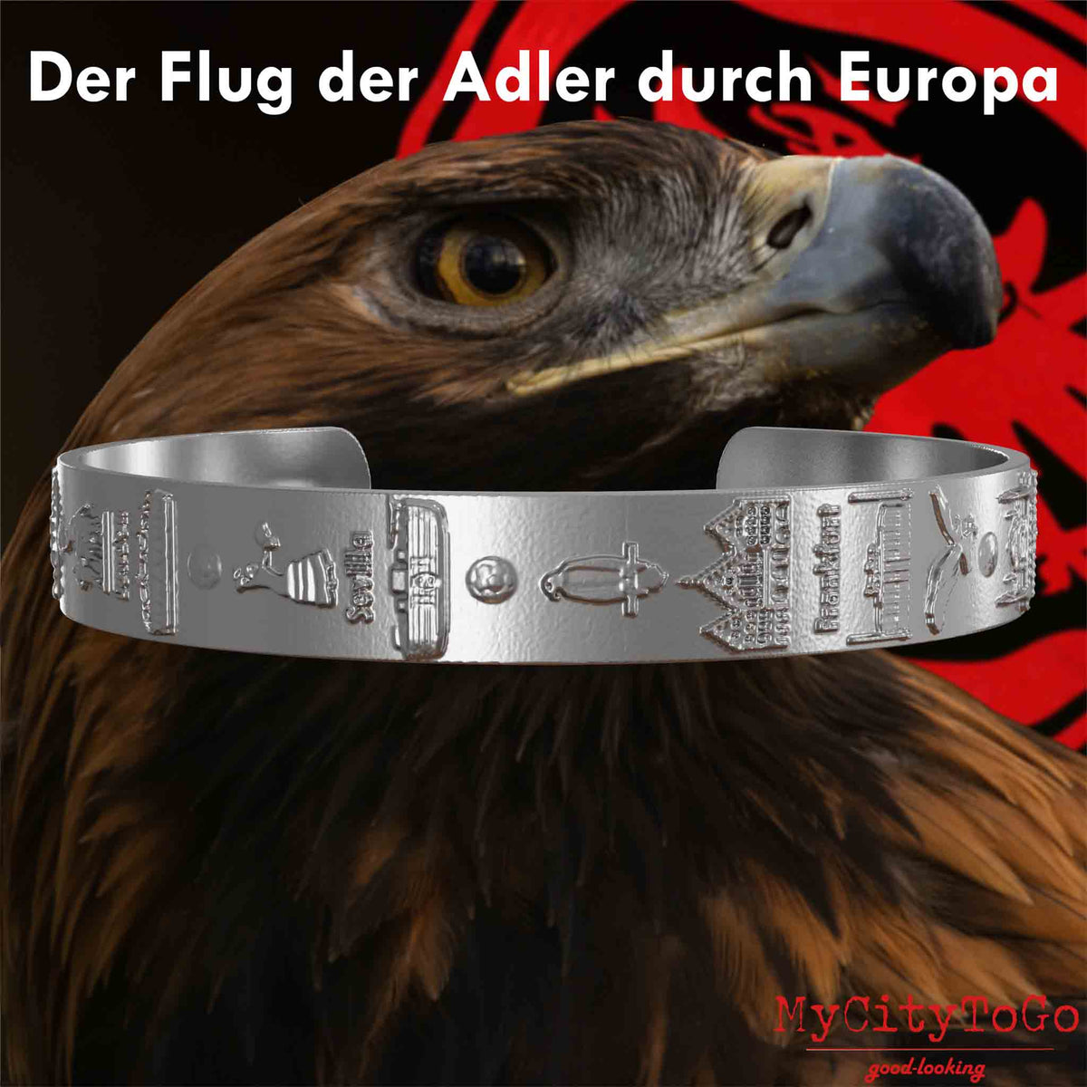 Armreif aus Edelstahl mit Reliefs der Stadien und Sehenswürdigkeiten der Spielorte während der Europa-League-Saison 21/22 von Frankfurt mit einem Adlerkopf als Hintergrund