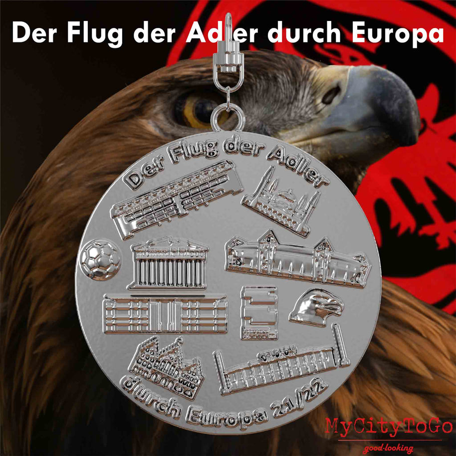 Silver-plated jewelry pendant with reliefs of stadiums and landmarks of the venues hosting the group-stage matches of Frankfurt’s 2021/22 Europa League season on the back