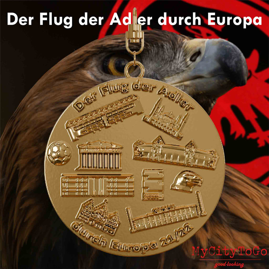 Silver-plated jewelry pendant with reliefs of stadiums and landmarks of the venues hosting the group-stage matches of Frankfurt’s 2021/22 Europa League season on the back