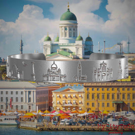 Armreif aus Edelstahl mit Reliefs bekannter Se. Den Hintergrund bildet eine Ansicht der Stadt Helsinki.henswürdigkeiten der Stadt Helsinki