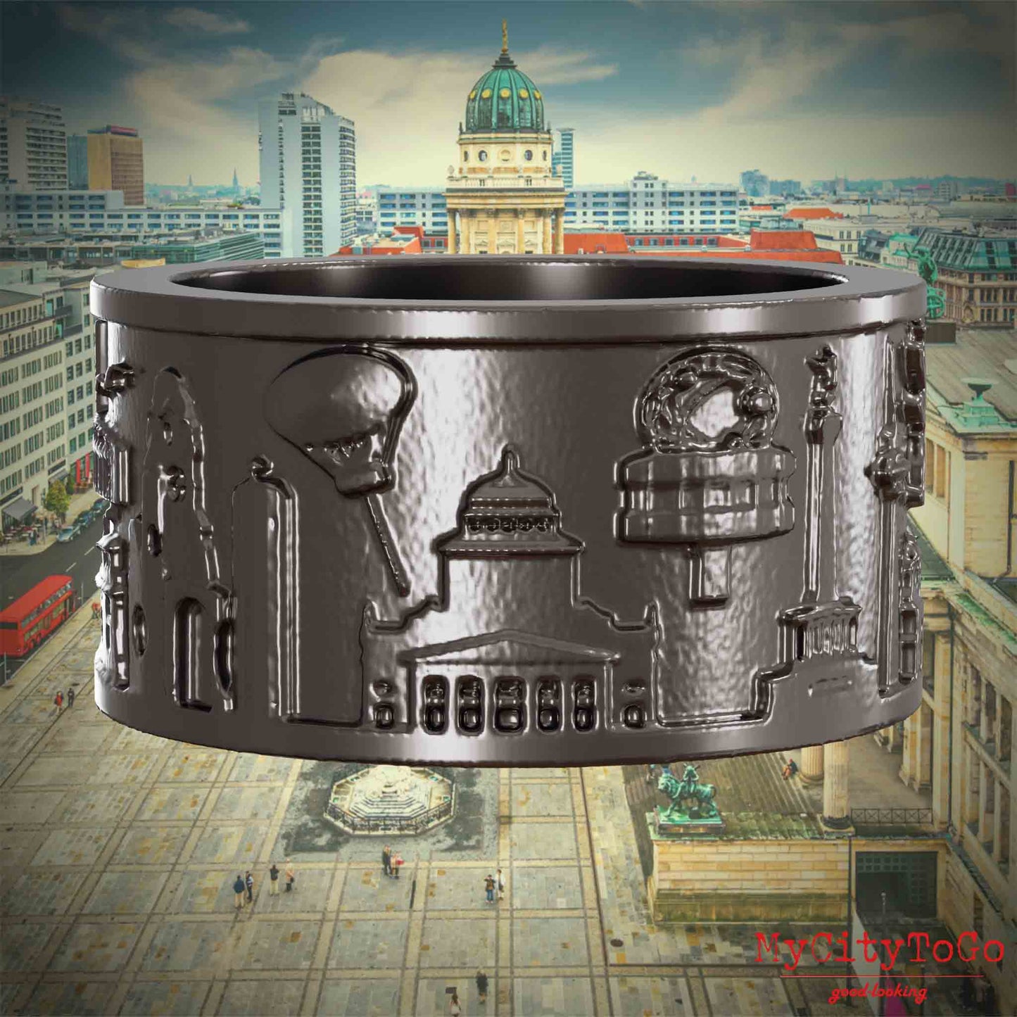 Ring aus Titan mit Reliefs bekannter Sehenswürdigkeiten der Stadt Berlin