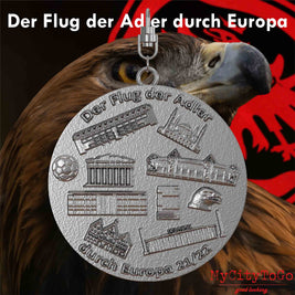 Stainless steel jewelry pendant with reliefs of the stadiums and landmarks of the venues of Frankfurt's Europa League group-stage season 2021/22 on the back