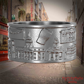 Ring aus Edelstahl mit Reliefs bekannter Sehenswürdigkeiten der Stadt Dublin. Den Hintergrund bildet eine Ansicht der Stadt Dublin.