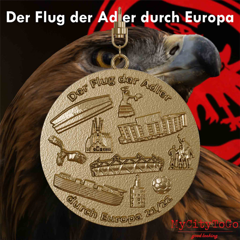 Jewelry pendant made of gold-plated stainless steel with reliefs of stadiums and landmarks of the host cities of the final round of Frankfurt's 2021/22 Europa League season on the front