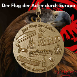 Jewelry pendant made of gold-plated stainless steel with reliefs of stadiums and landmarks of the host cities of the final round of Frankfurt's 2021/22 Europa League season on the front