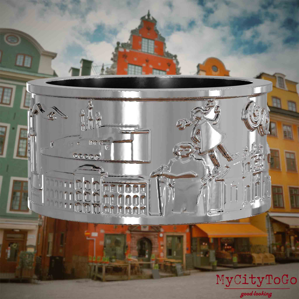 Silberner Ring mit Reliefs bekannter Sehenswürdigkeiten der Stadt Stockholm. Den Hintergrund bildet eine Ansicht der Stadt Stockholm.