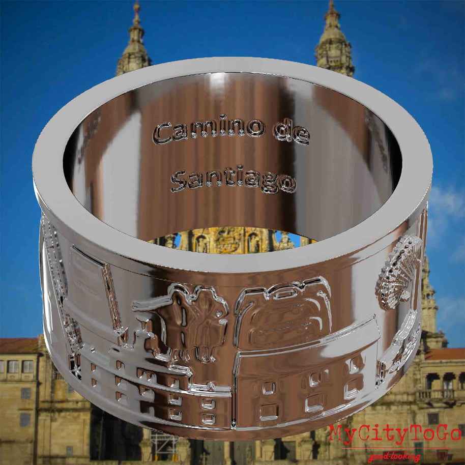 Versilberter Ring mit Reliefs bekannter Sehenswürdigkeiten und Wahrzeichen auf dem Jakobsweg und der Gravur 