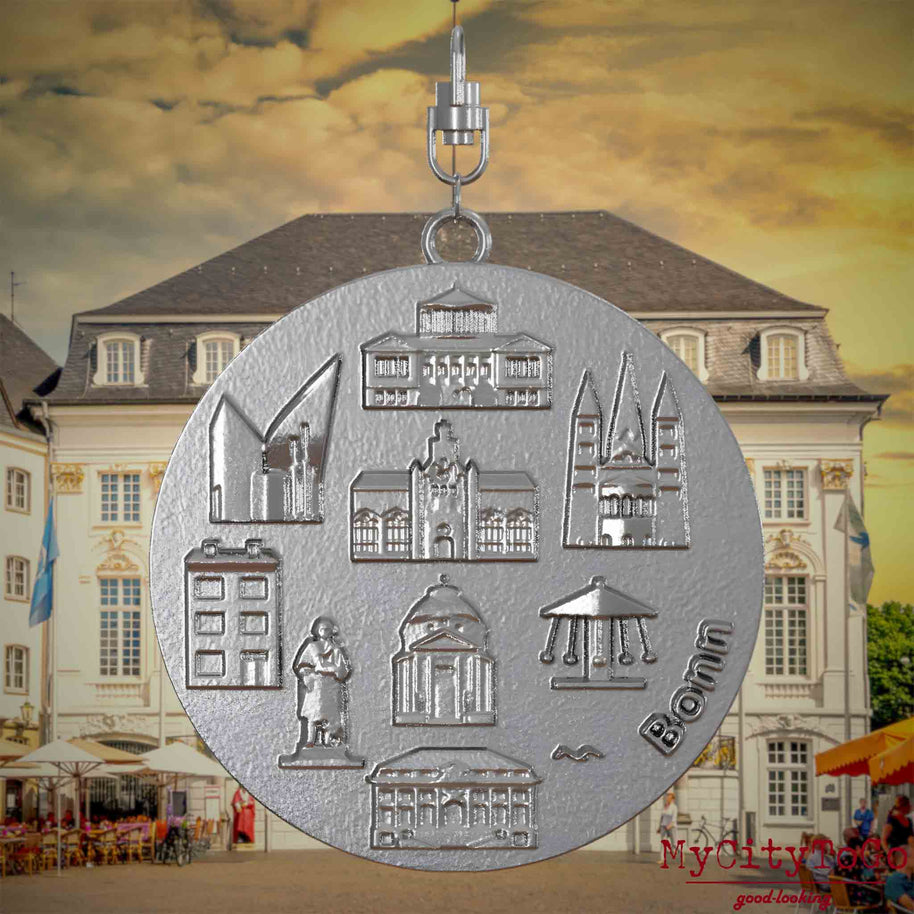 Halskette mit Drehwirbel und Vorderseite eines Schmuckanhängers aus Edelstahl, auf dem Reliefs bekannter Sehenswürdigkeiten der Stadt Bonn abgebildet sind. Den Hintergrund bildet eine Ansicht der Stadt Bonn.

