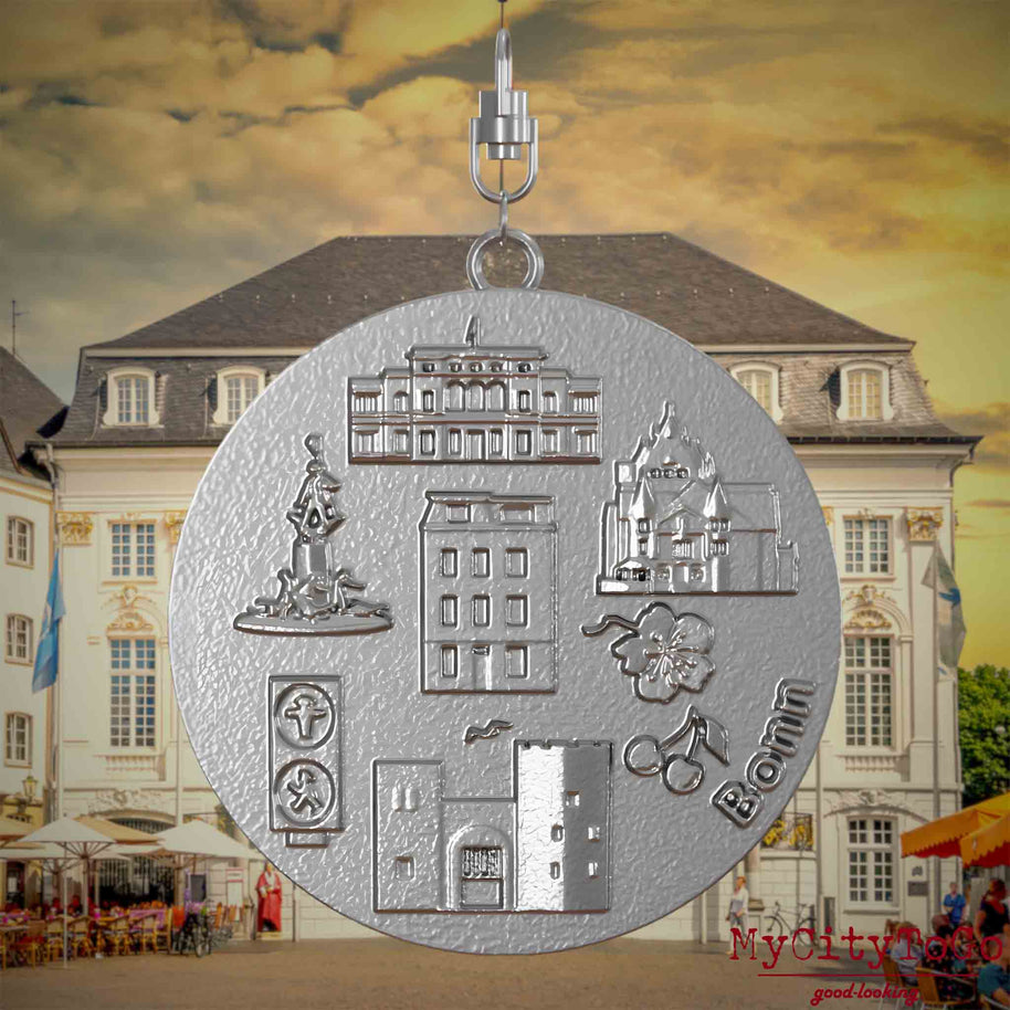 Halskette mit Drehwirbel und Rückseite eines Schmuckanhängers aus Edelstahl, auf dem Reliefs bekannter Sehenswürdigkeiten der Stadt Bonn abgebildet sind. Den Hintergrund bildet eine Ansicht der Stadt Bonn.
