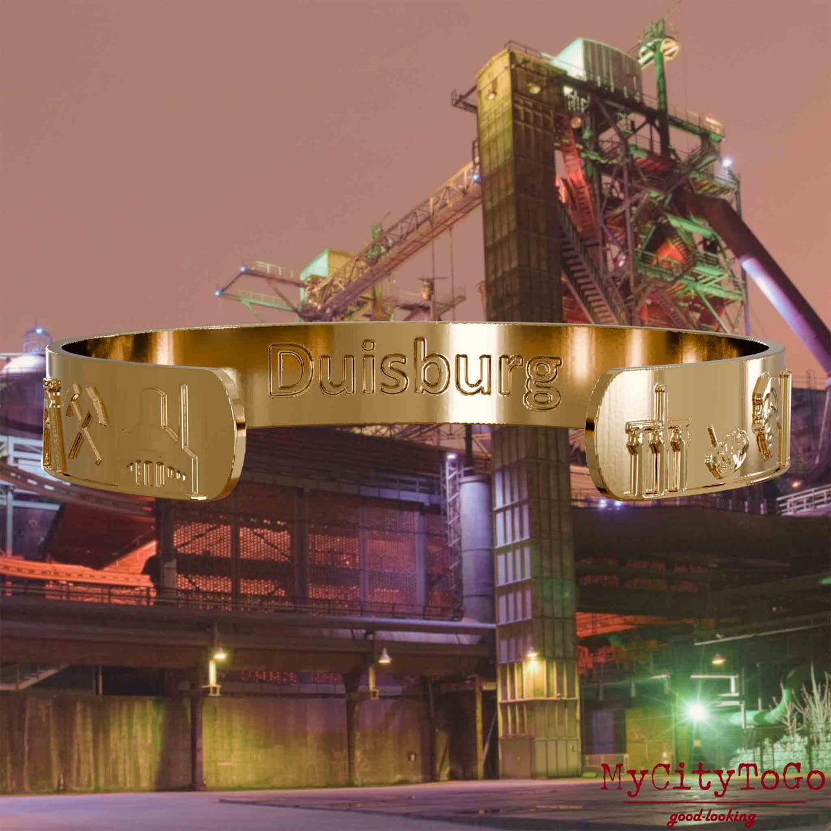 Interior of a gold-plated bangle with reliefs of well-known landmarks of the city of Duisburg and an engraving of the city’s name. The background is a view of the city of Duisburg.