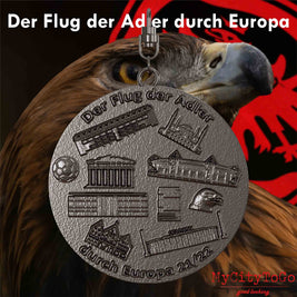Titanium pendant with raised reliefs of the stadiums and landmarks of the venues for the group stage of Frankfurt's 2021/22 Europa League season on the back