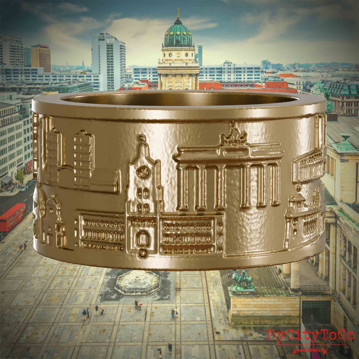 Ring aus vergoldetem Edelstahl mit Reliefs bekannter Sehenswürdigkeiten der Stadt Berlin