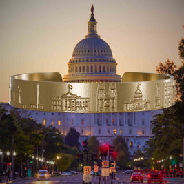 Armreif aus vergoldetem Edelstahl mit Reliefs bekannter Sehenswürdigkeiten der Stadt Washington. Den Hintergrund bildet eine Ansicht der Stadt Washington.