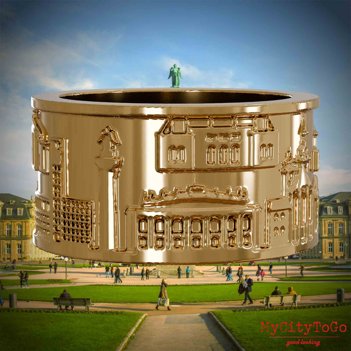 Vergoldeter Ring mit Reliefs bekannter Sehenswürdigkeiten der Stadt Stuttgart. Den Hintergrund bildet eine Ansicht der Stadt Stuttgart.