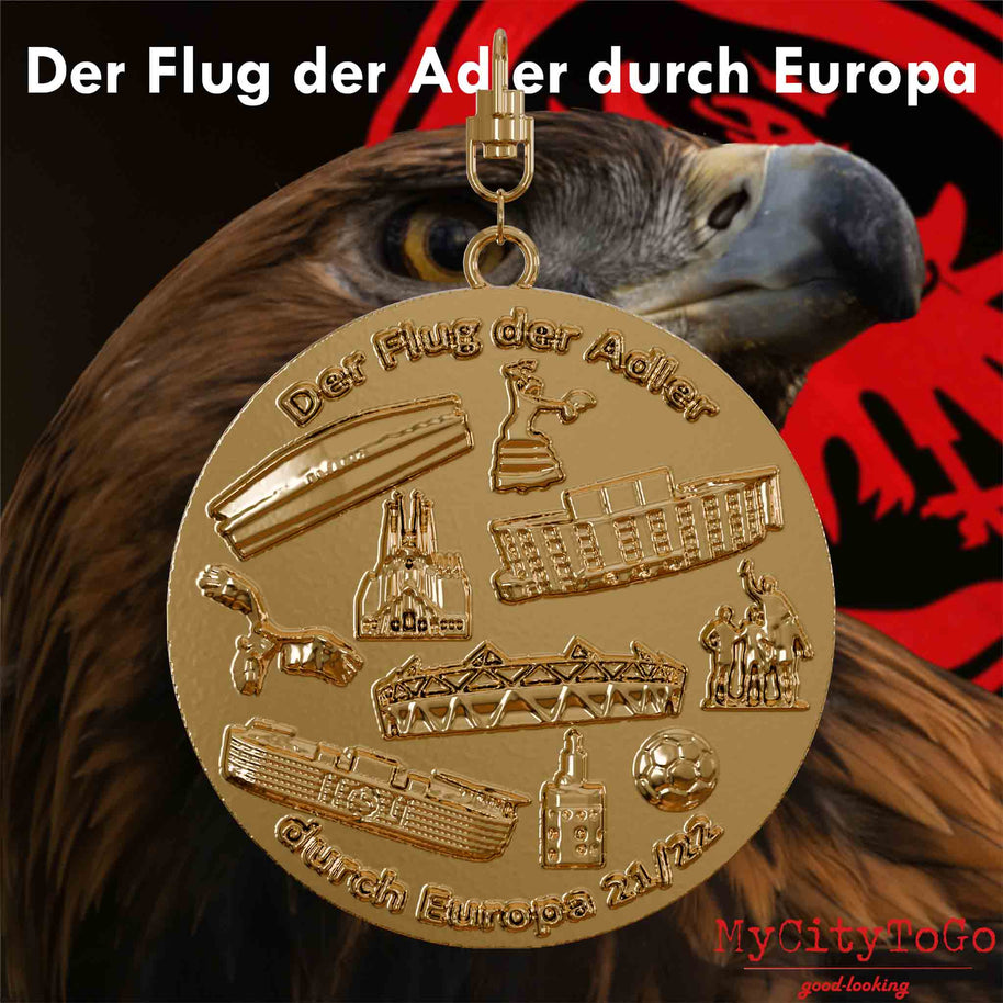 Gold-plated jewelry pendant with reliefs of stadiums and landmarks of the host cities for the final round of Frankfurt’s 2021/22 Europa League season on the front side
